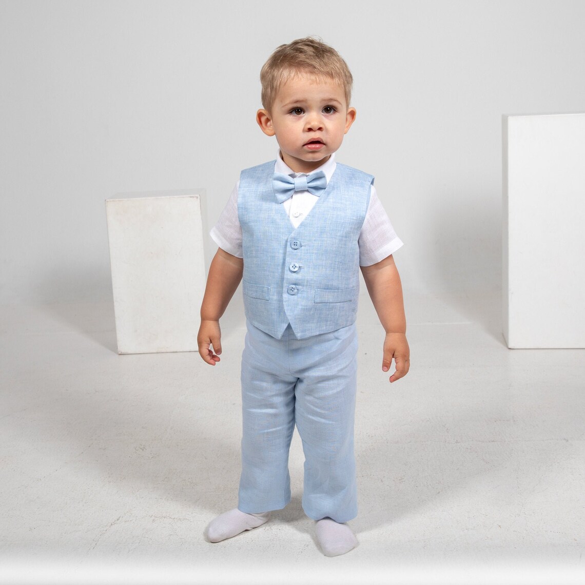 Ring bearer outfit Baby boy light blue suit Baptism linen suit | Etsy