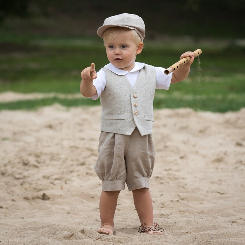 Toddler newsboy outfit Baby boy linen suit Beige Romper Vest Etsy