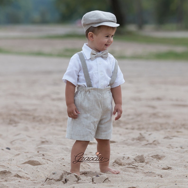 Ring bearer newsboy outfit Baby boy natural linen suit Striped Etsy