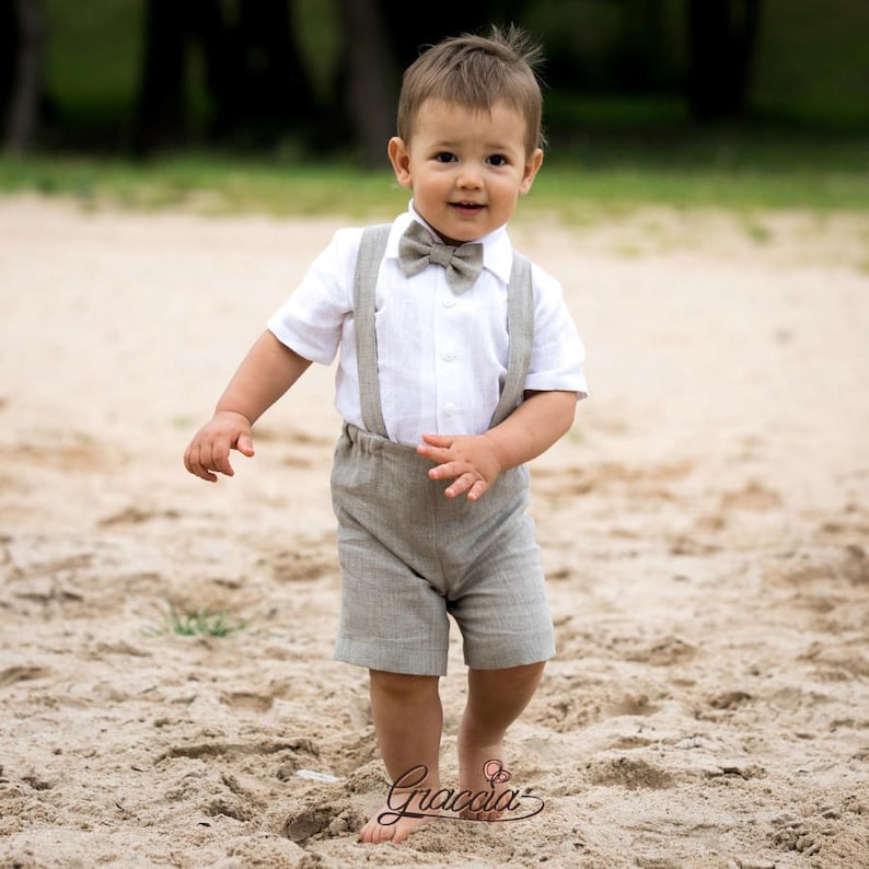 Baby Boy Suspenders Suit Ring Bearer Outfit Boy Linen Suit Etsy