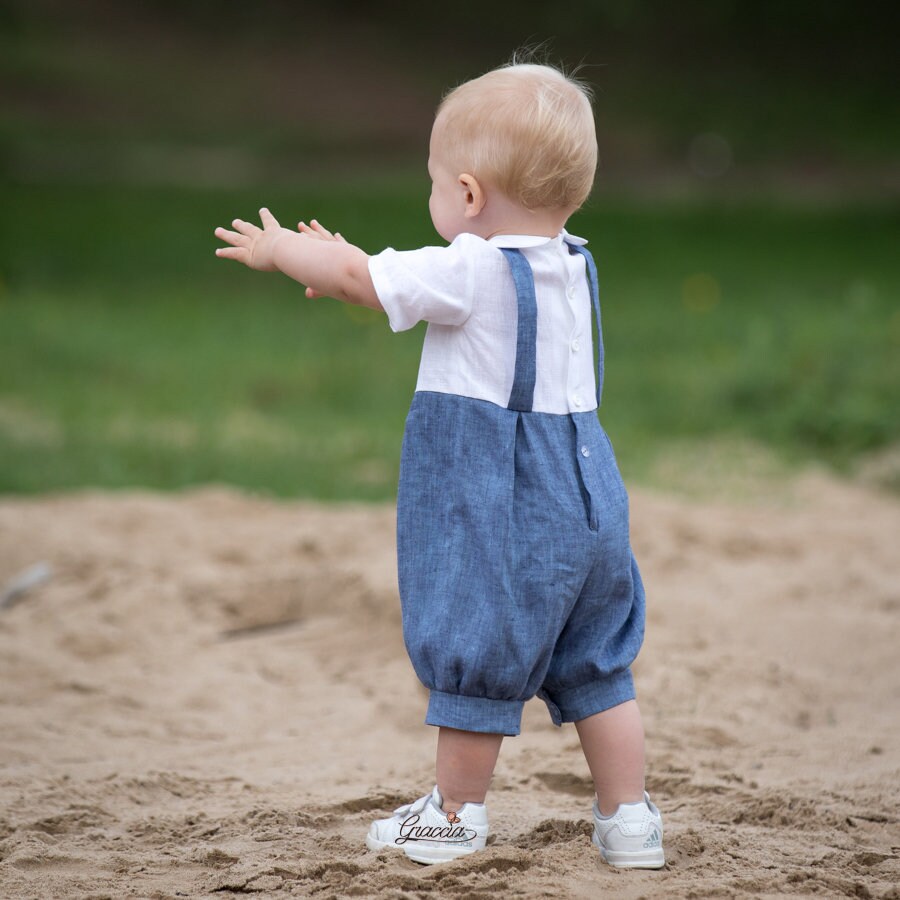 Baby Boy Blue Linen Romper Infant Boy Blue Overalls Boy Etsy