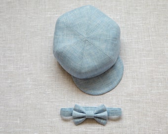 Bonnet bleu bébé taille 12 - 18 mois Bonnet en lin bleu clair + noeud papillon Bonnet de baptême, chapeau de garçon page, chapeau gavroche