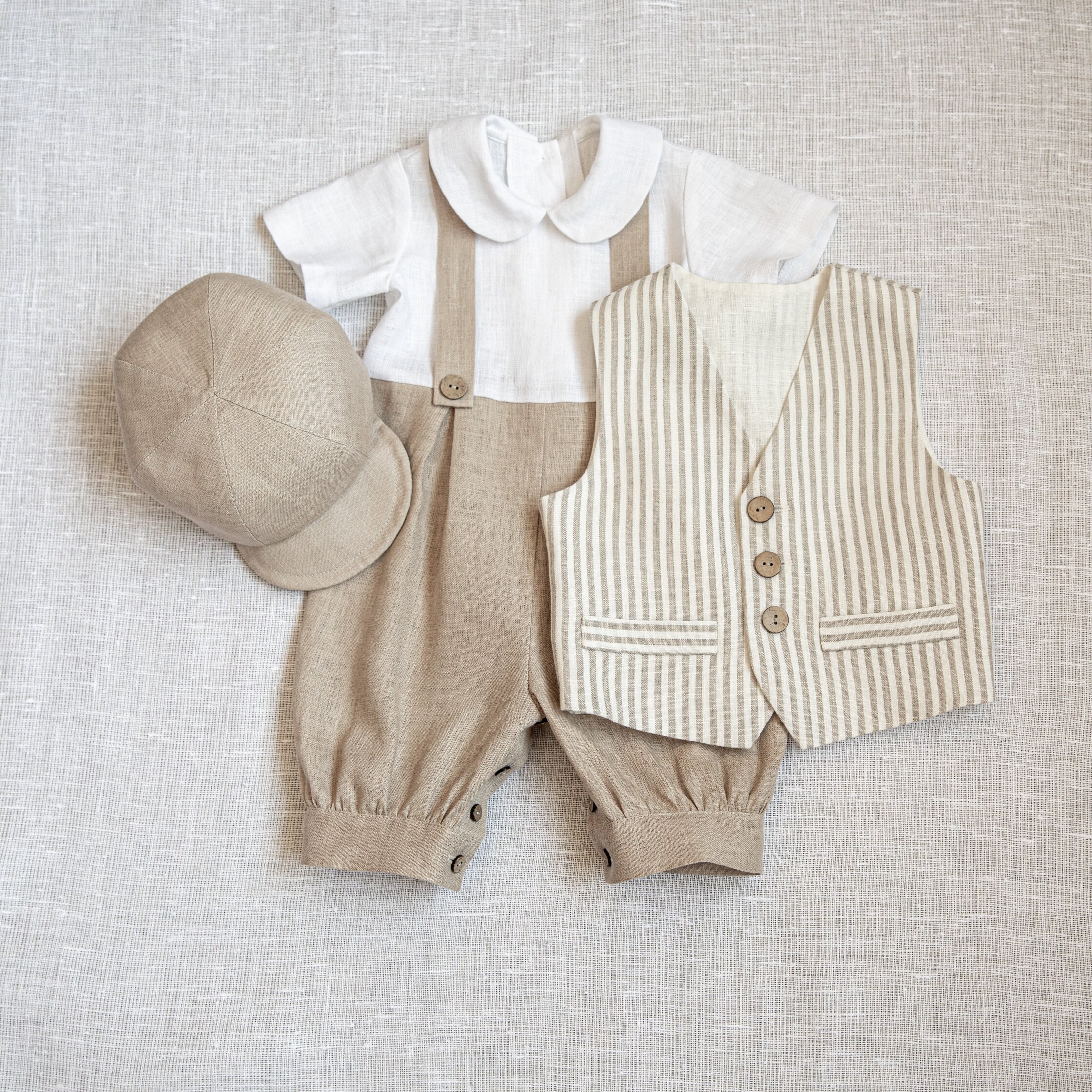 Baby Boy Linen Outfit Handmade Romper, Vest & Newsboy Hat