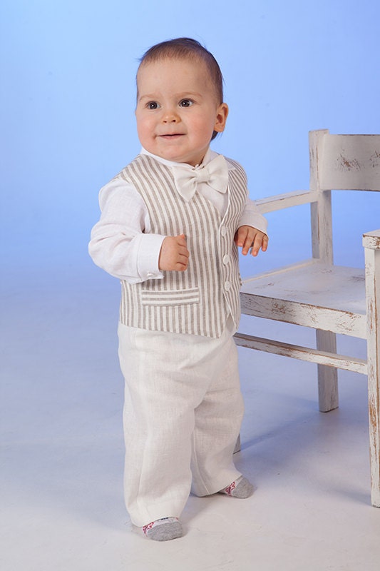 Baby Boy off White Linen Suit Toddler Boy Vest Pants Shirt Bow Etsy