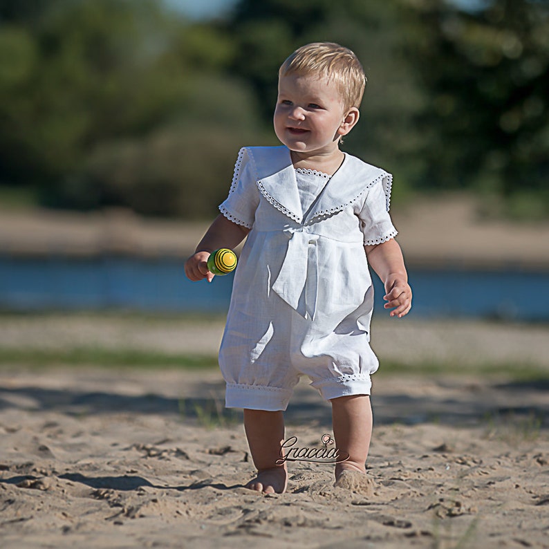 Baby boy white romper Toddler linen overalls Baptism outfit Etsy