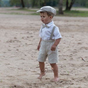 Boy tan shorts with suspenders, newsboy cap and bow tie, Rustic page boy outfit, Ring bearer suit, baby boy natural linen outfit retro style image 2
