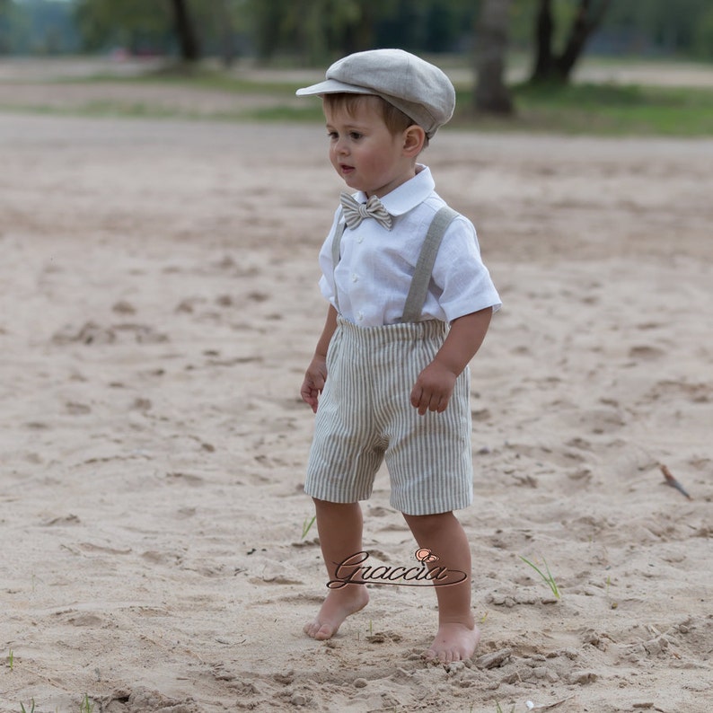 Ring bearer newsboy outfit Baby boy natural linen suit Striped Etsy