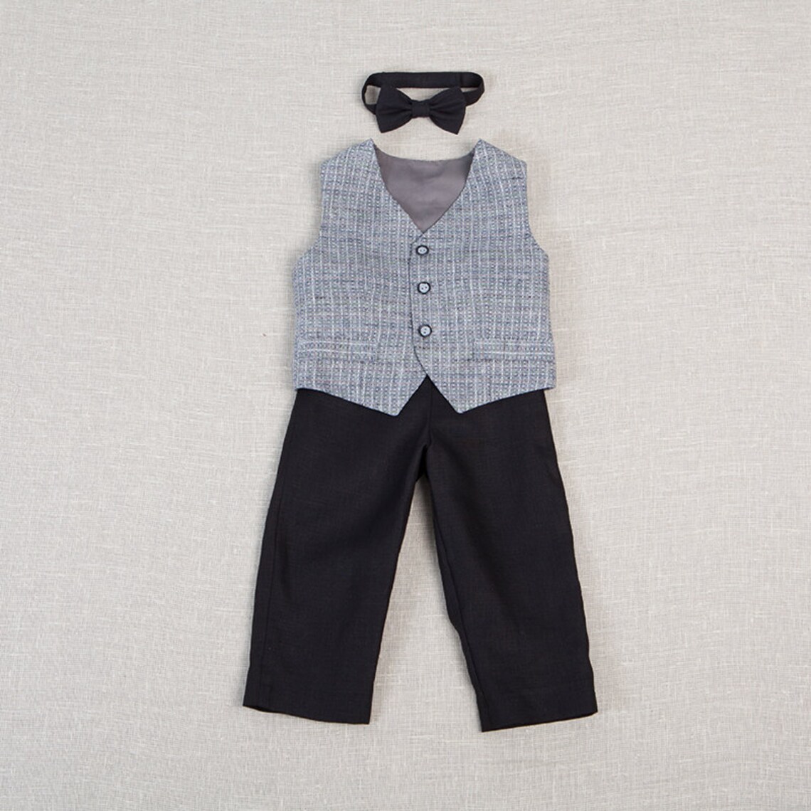 Baby Boy Linen Suit Toddler Boy Gray Vest Black Pantsbow Etsy