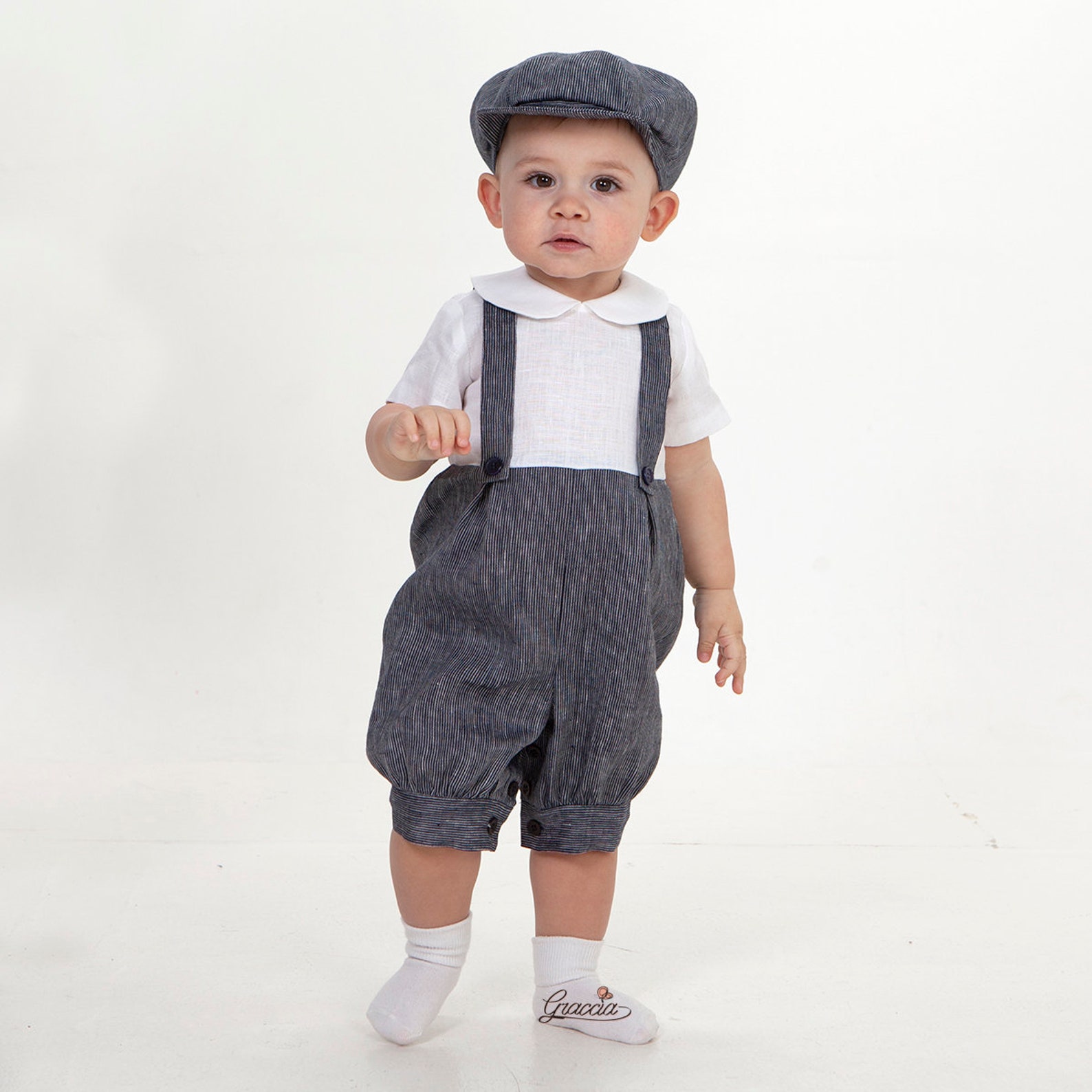 Baby Boy Navy Blue Suit Toddler Boy Linen Romper Vest Newsboy | Etsy