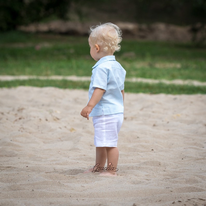Baby boy linen suit Toddler white shorts light blue shirt 1st Etsy