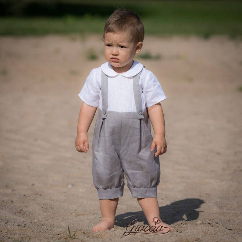 Gray linen romper Baby boy overalls Jumpsuit with braces Boy | Etsy