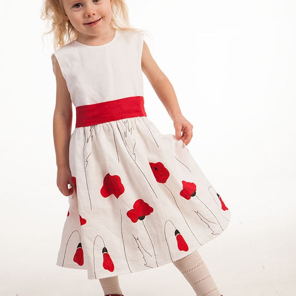 Girl linen dress Red poppy flowers patern dress Baby girl natural apparel, gown for festive moments