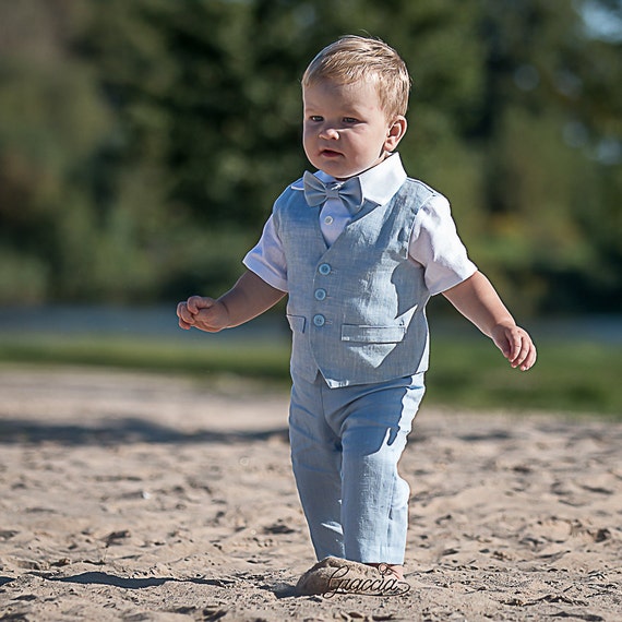 Ring bearer outfit Baby boy light blue suit Baptism linen suit | Etsy