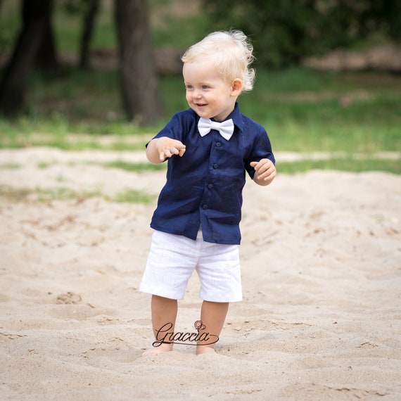 5pc Set Boy Toddler Formal Navy Blue Vest Bow Tie Black Khaki Hat Shorts sz S-4T 
