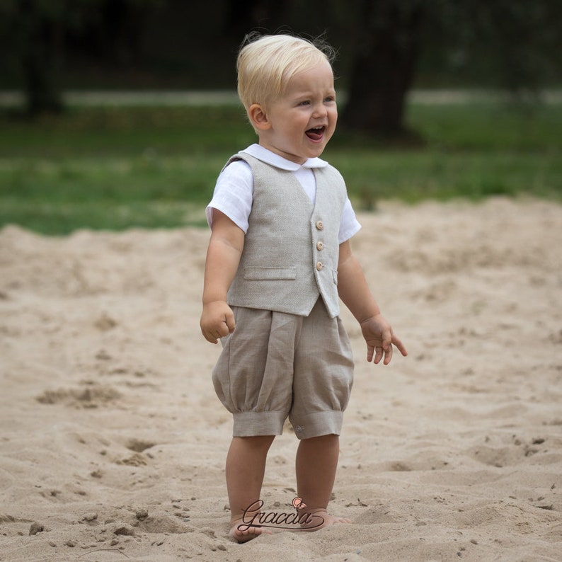 Toddler newsboy outfit Baby boy linen suit Beige Romper Vest Etsy