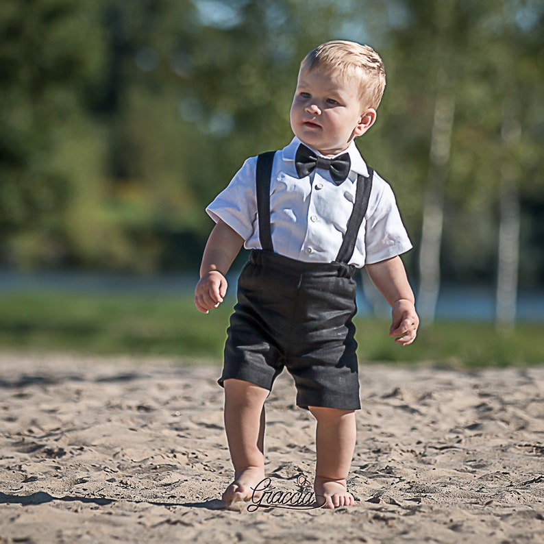 Baby boy black suit Toddler suspenders shorts outfit Boy linen | Etsy