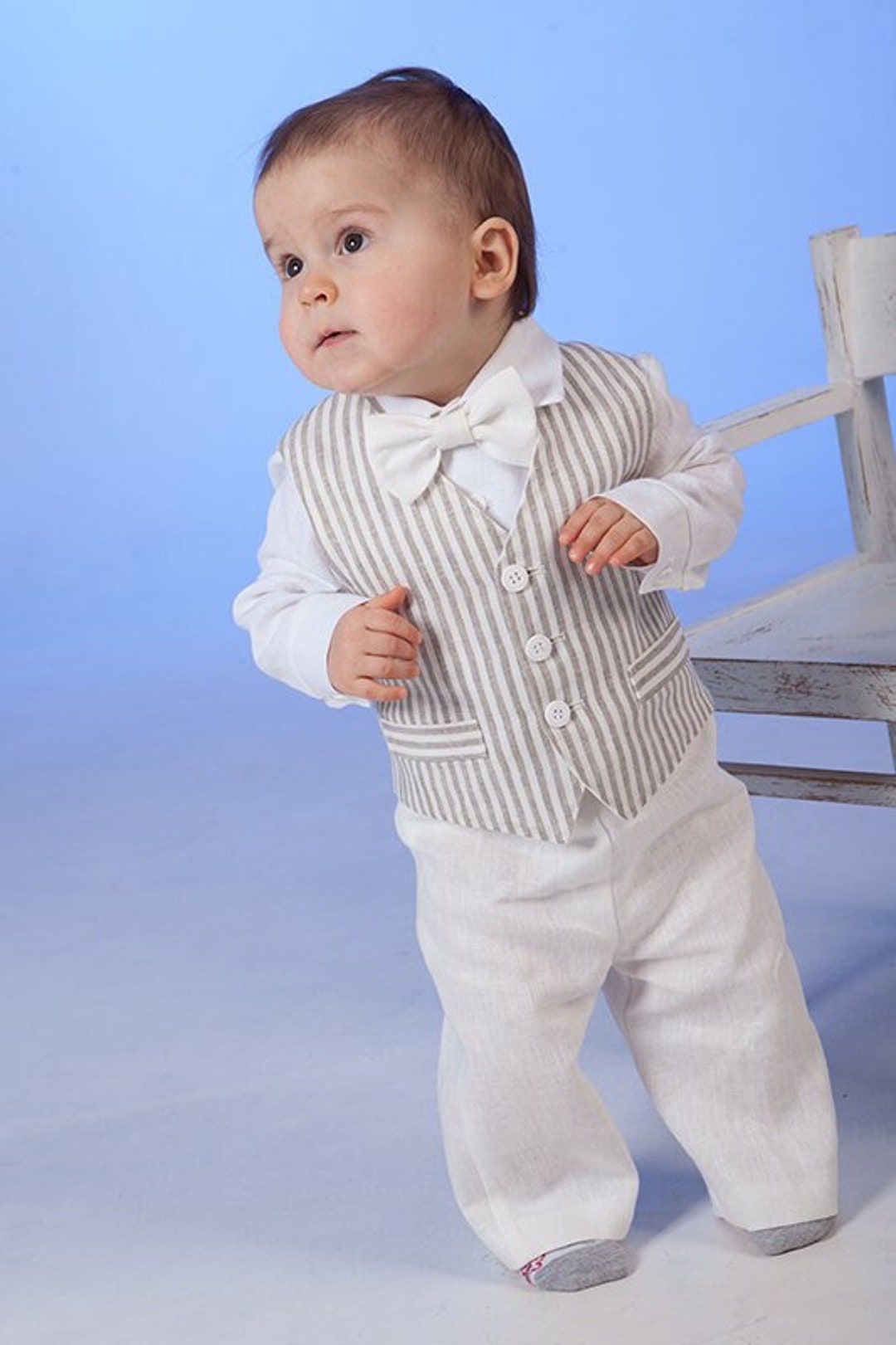 Baby Boy off White Linen Suit Toddler Boy Vest Pants Shirt Bow - Etsy