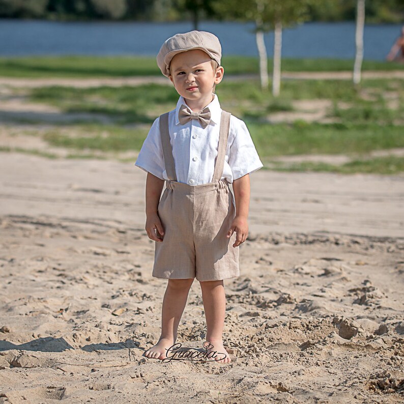 Toddler Boy Beige Shorts Suspenders Newsboy Hat White Shirt Etsy