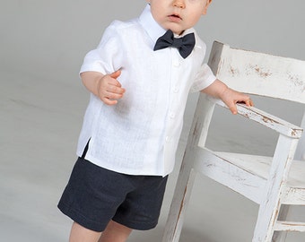 Toddler boy gray shorts and bow tie, White shirt, Baby boy linen suit, Ring bearer outfits, many color clothes
