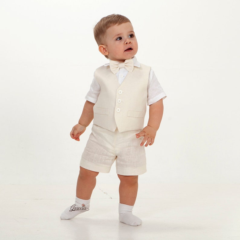 Ring bearer outfit Baby boy linen suit Ivory vest shorts white Etsy