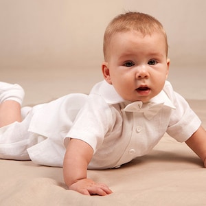 Baby boy baptism outfit, Christening clothes, Boy white linen suit, Toddler shirt shorts bow tie, Infant white natural set