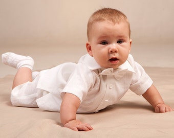 Baby boy baptism outfit, Christening clothes, Boy white linen suit, Toddler shirt shorts bow tie, Infant white natural set