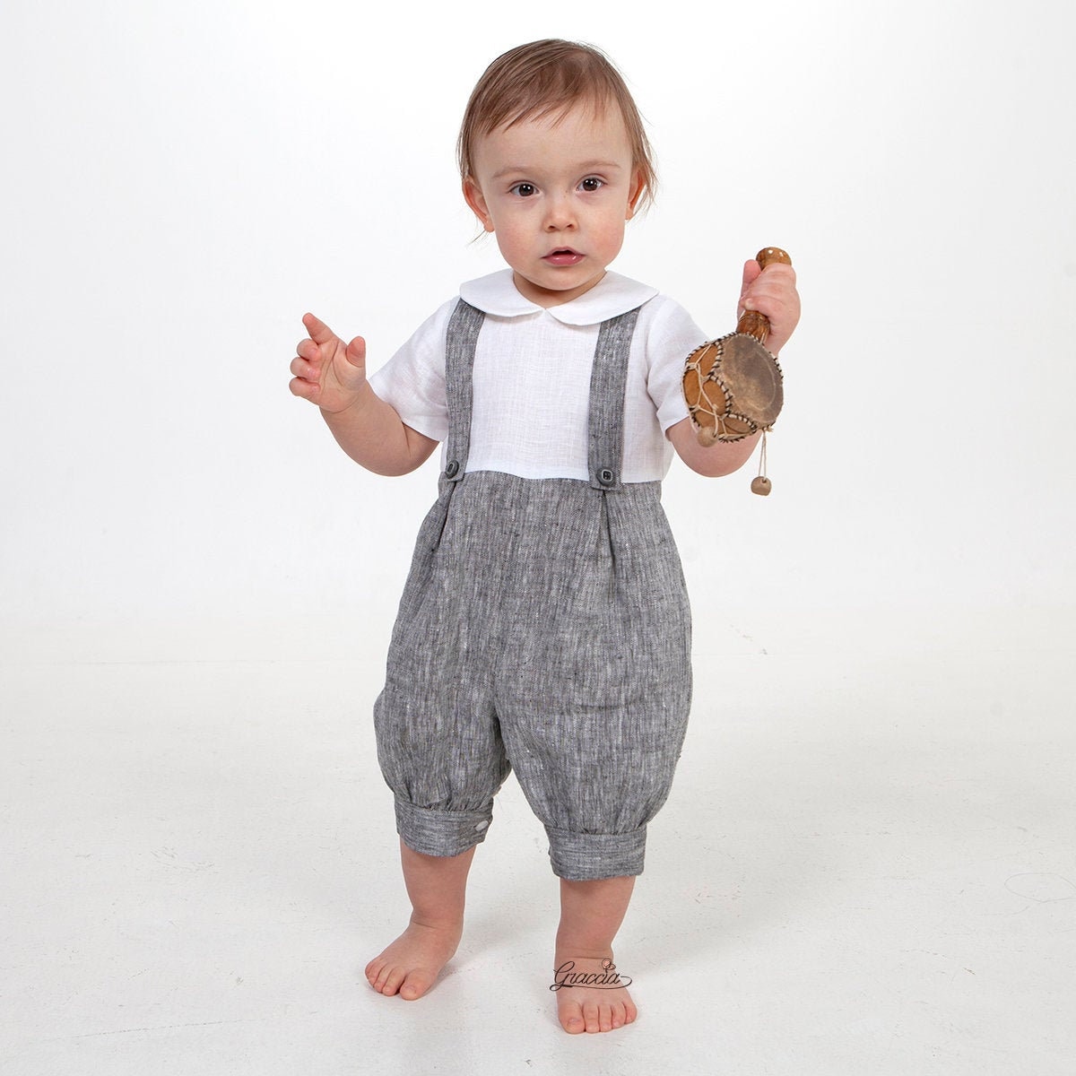 Handmade Baby Linen Romper, Boy Overalls Gray Melange Outfit With Suspenders