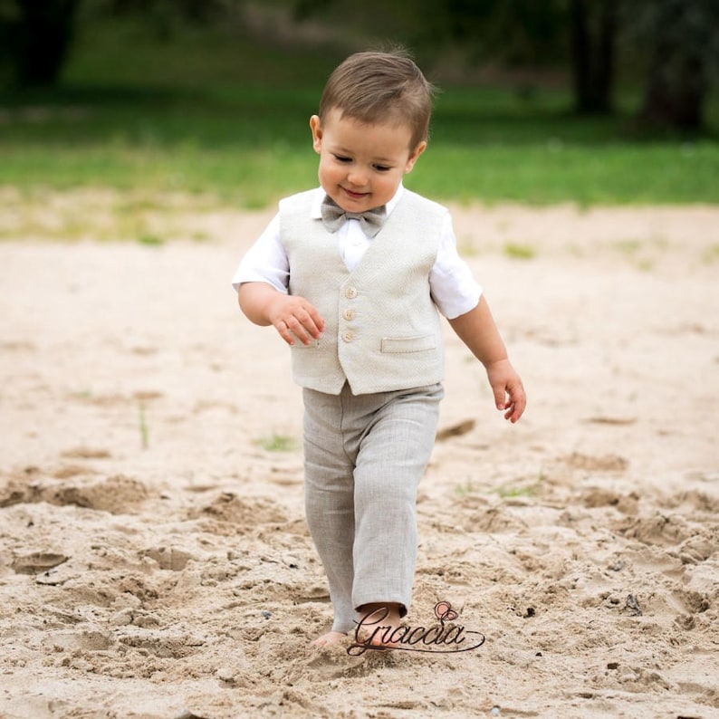 Baby boy linen suit Ring bearer outfit Boy baptism natural clothes 1st birthday outfit Rustic wedding boy outfit Boy formal vest pants shirt