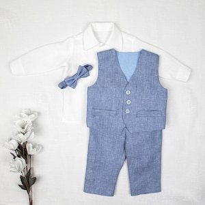 Roupa azul para bebê menino, terno formal para criança, roupa para pajem, terno para porta-alianças, batismo, linho, colete, calças, camisa