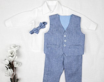 Baby boy blue outfit Toddler linen suit Page boy outfit wedding ring bearer suit baptism christening vest pants shirt