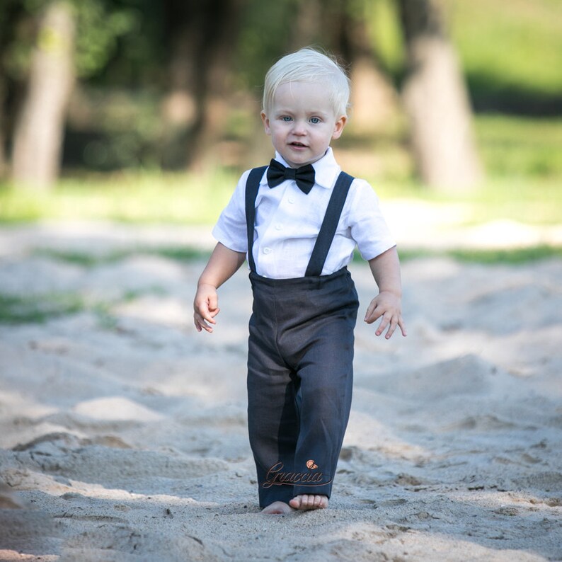 Baby boy coal gray outfit Boy suspenders suit Ring bearer | Etsy