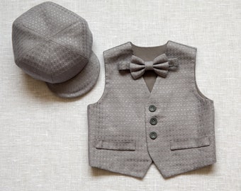 Baby boy gray vest+hat+bow tie, Page boy outfit, Infant linen suit ready to ship size 12 - 18 month