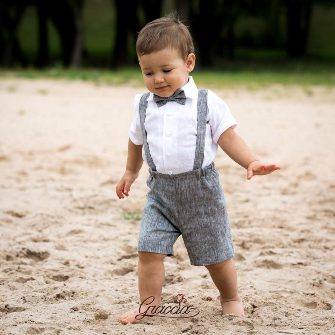 Toddler Boy Gray Linen Shorts Suspenders Bow Tie White Shirt Etsy