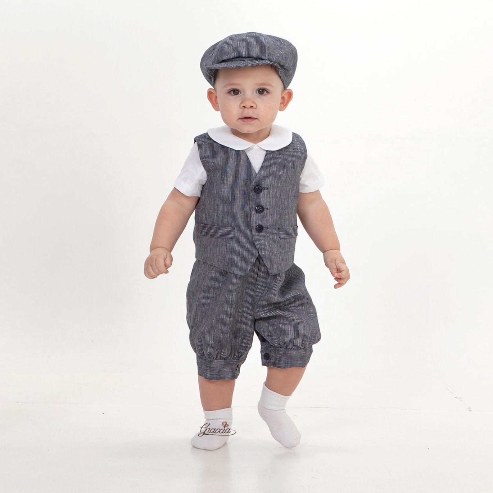 Baby Boy Navy Blue Suit Toddler Boy Linen Romper Vest Newsboy | Etsy