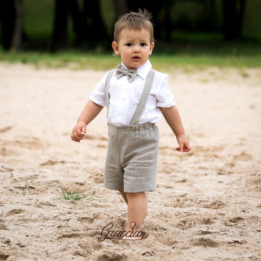 Baby boy suspenders suit Ring bearer outfit Boy linen suit Etsy