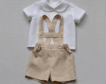 Baby Boy Tan Linen Outfit (6 - 9 Months) Toddler Light Beige Shorts with Suspenders Suit