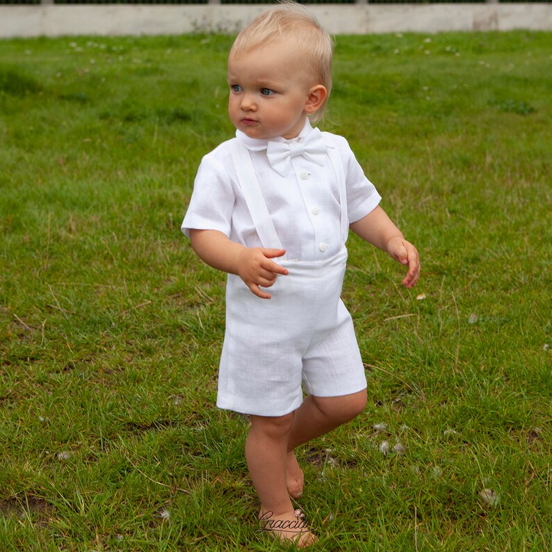 Baby Boy White Shorts With Suspenders Suit Toddler Linen Etsy