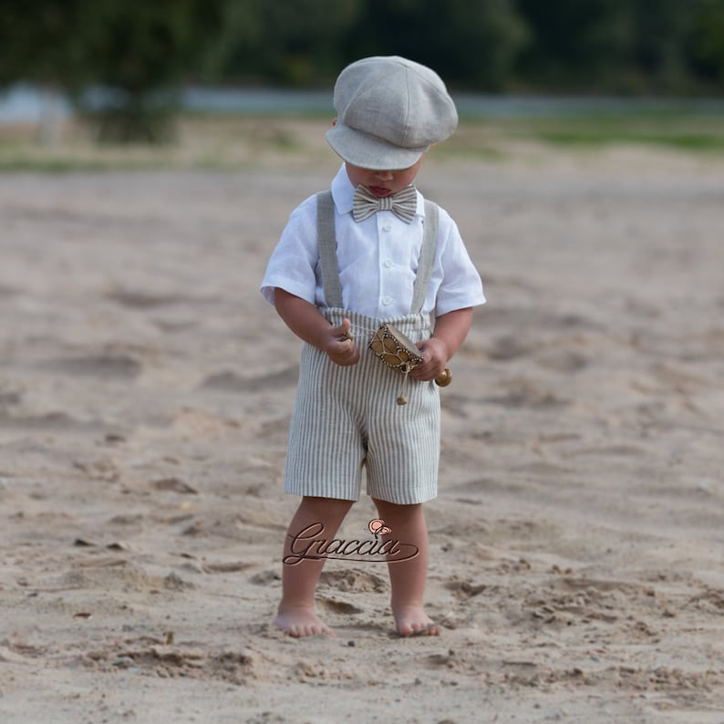 Boy tan shorts with suspenders, newsboy cap and bow tie, Rustic page boy outfit, Ring bearer suit, baby boy natural linen outfit retro style image 4