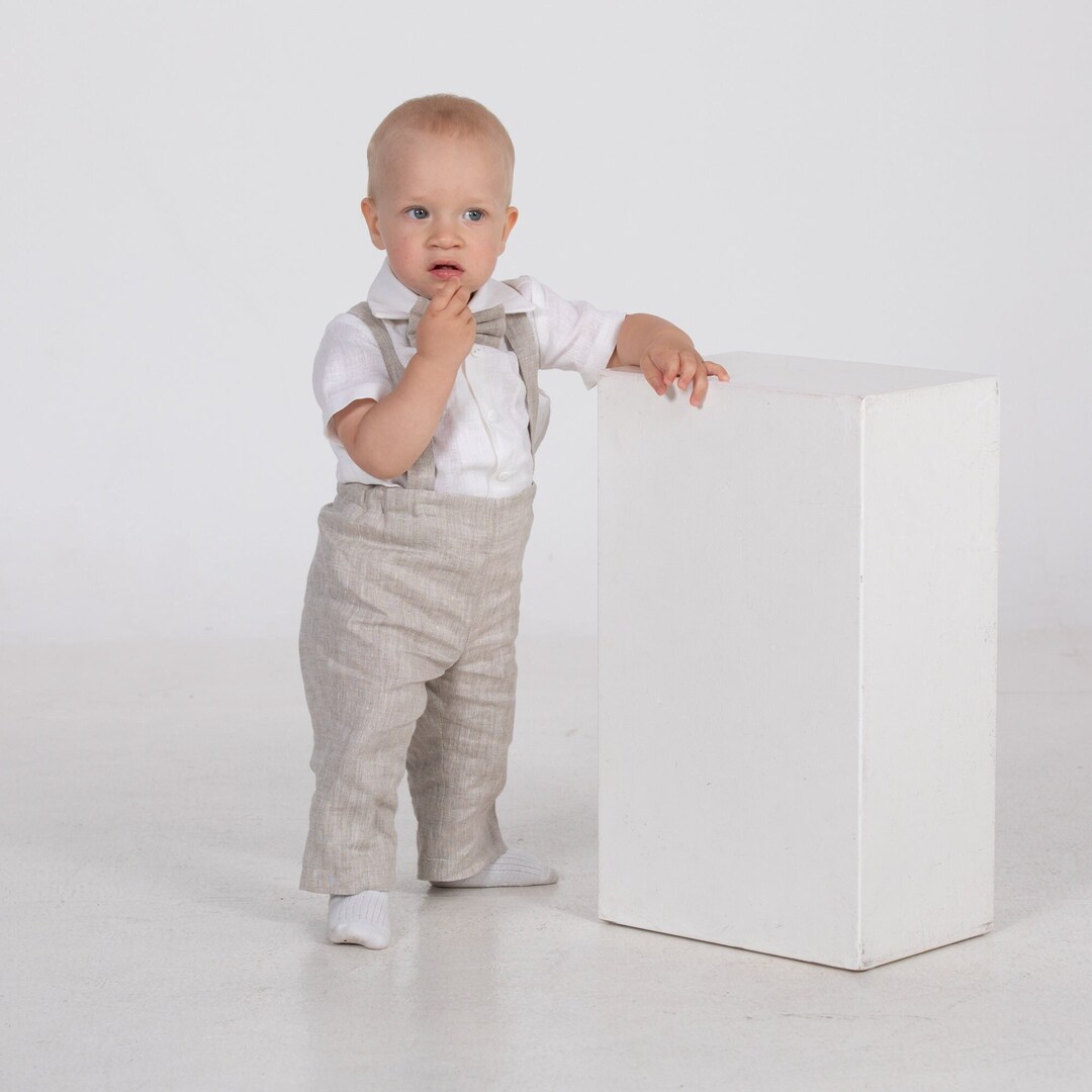 Baby Boy Suspender Pants Outfit Toddler Natural Linen Trousers Suit ...