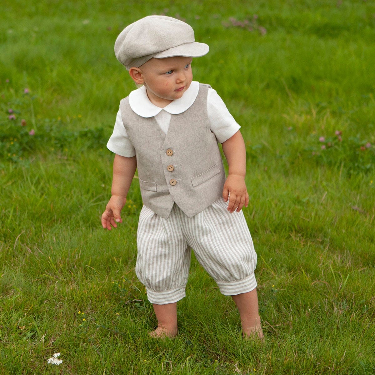 Rustic wedding baby suit, Baby boy natural linen romper+vest+hat, Newsboy ring bearer outfit, page boy set, infant baptism clothes