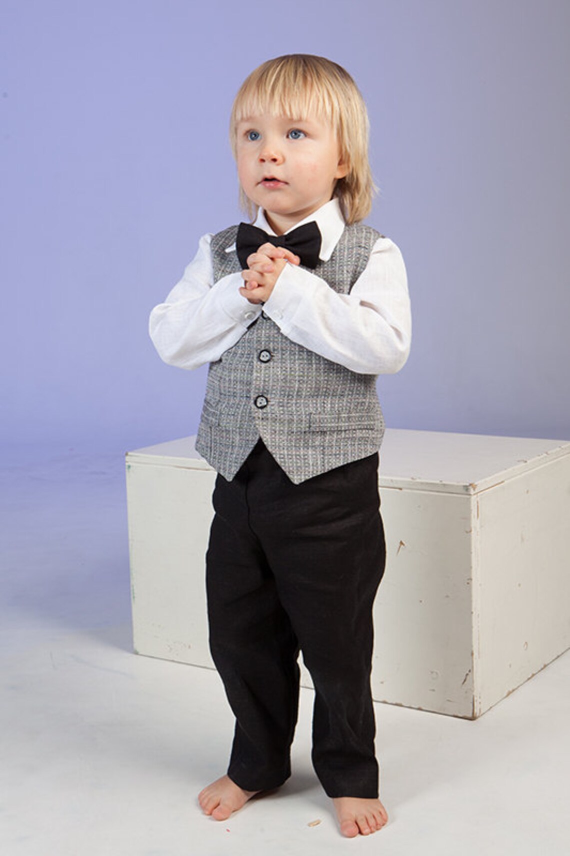 Baby Boy Linen Suit Toddler Boy Gray Vest Black Pantsbow Etsy