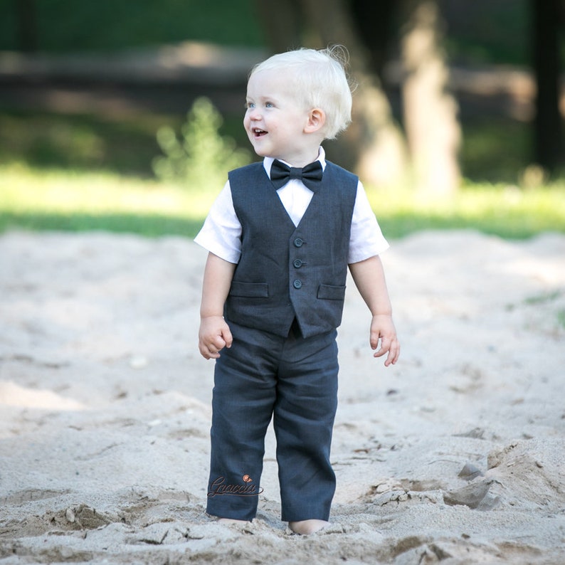 Ring bearer outfit Baby boy coal gray suit Baby boy linen | Etsy