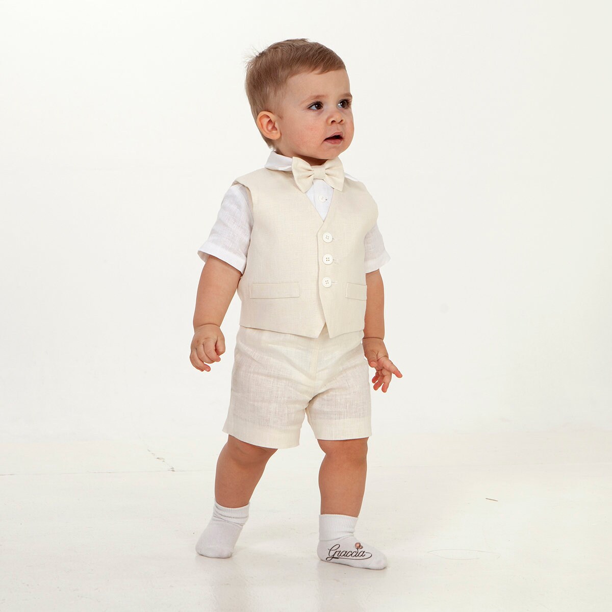 Ring bearer outfit Baby boy linen suit Ivory vest shorts white Etsy