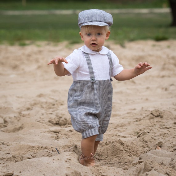 Baby boy linen romper newsboy hat Toddler boy gray overalls | Etsy