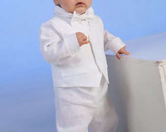 Baby boy white linen vest pants shirt bow tie Baptism outfit Toddler boy white linen suit Ring bearer outfit Christening suit