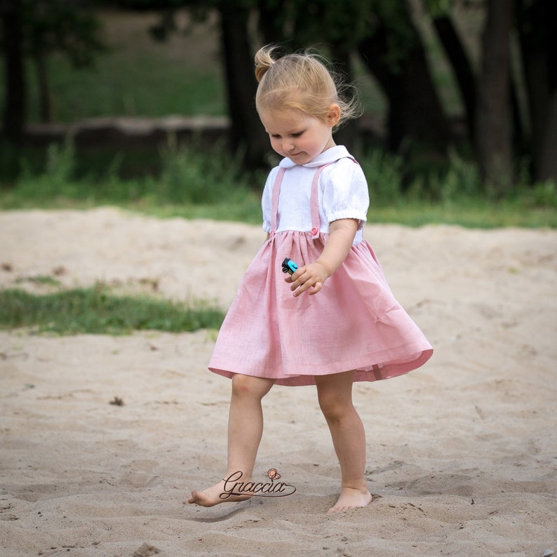 Baby girl linen dress Baptism dress Christening dress Flower girl dress Baby girl dress for wedding Girl pink white dress Photo prop girl