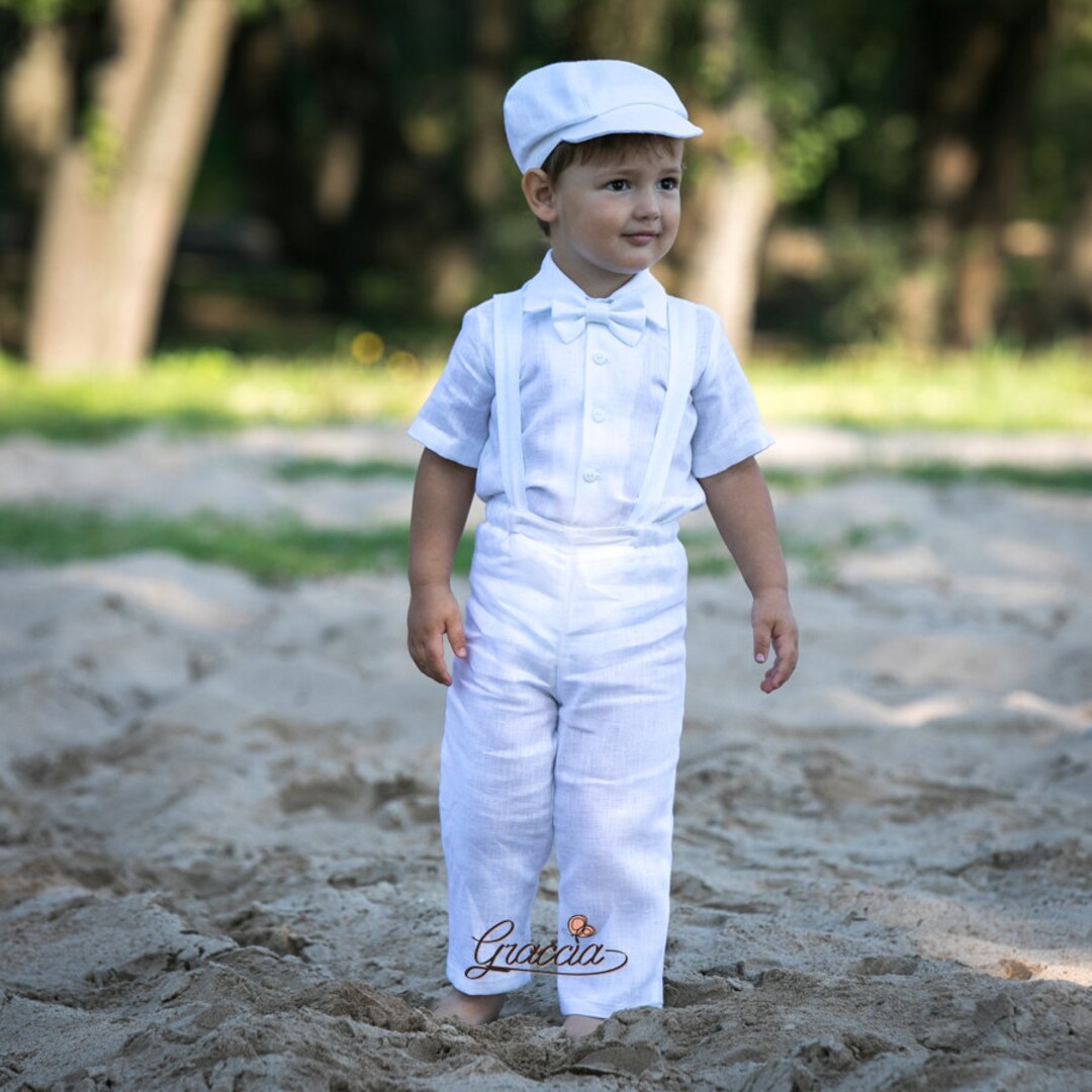 Boy White Linen Pants Suspenders Shirt Newsboy Hat Toddler Boy White