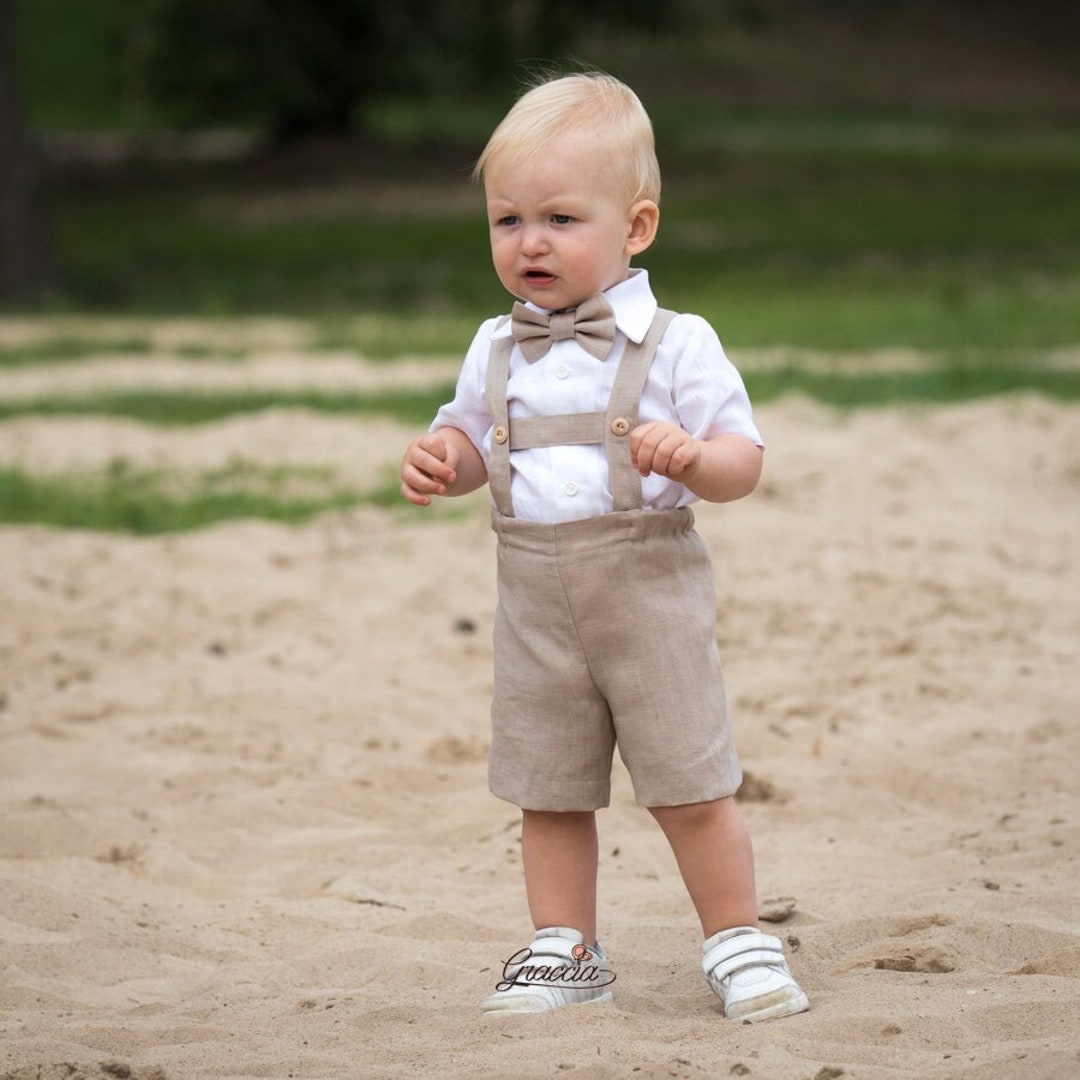 Baby Boy Beige Linen Suit, Page Boy Outfit, Toddler Boy Shorts With