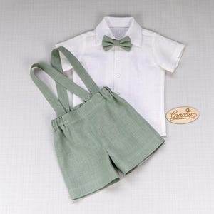 Toddler boy sage green outfit Baby boy shorts with suspenders Infant linen suit Page boy outfit Ring bearer outfits