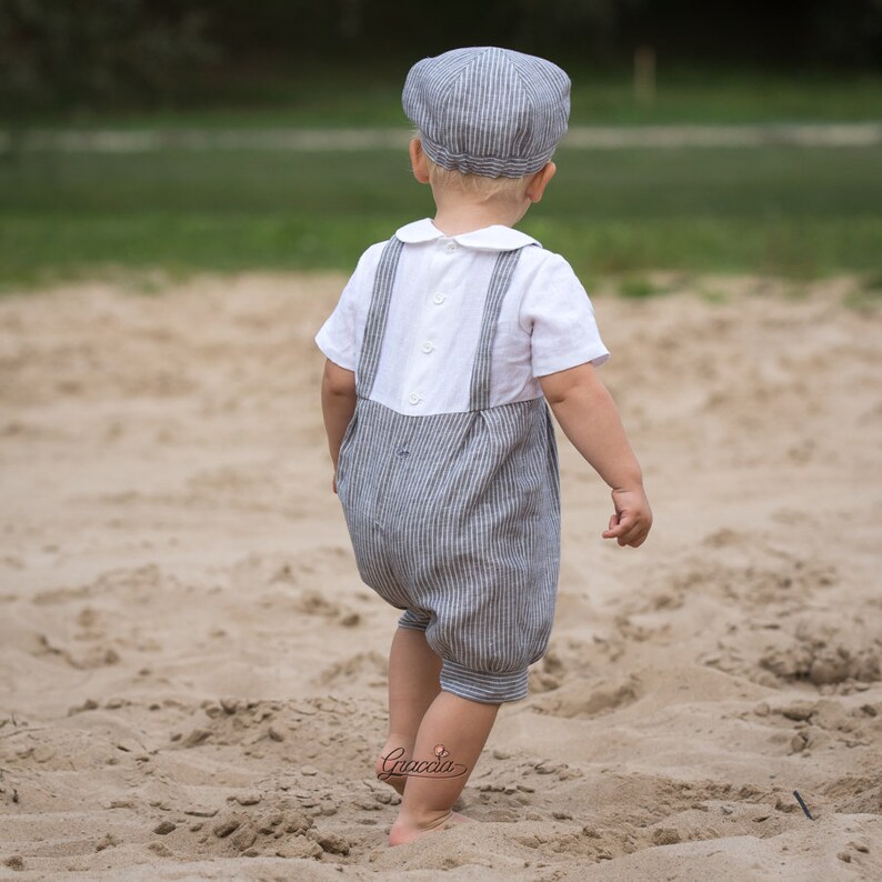 Baby boy linen romper newsboy hat Toddler boy gray overalls Etsy
